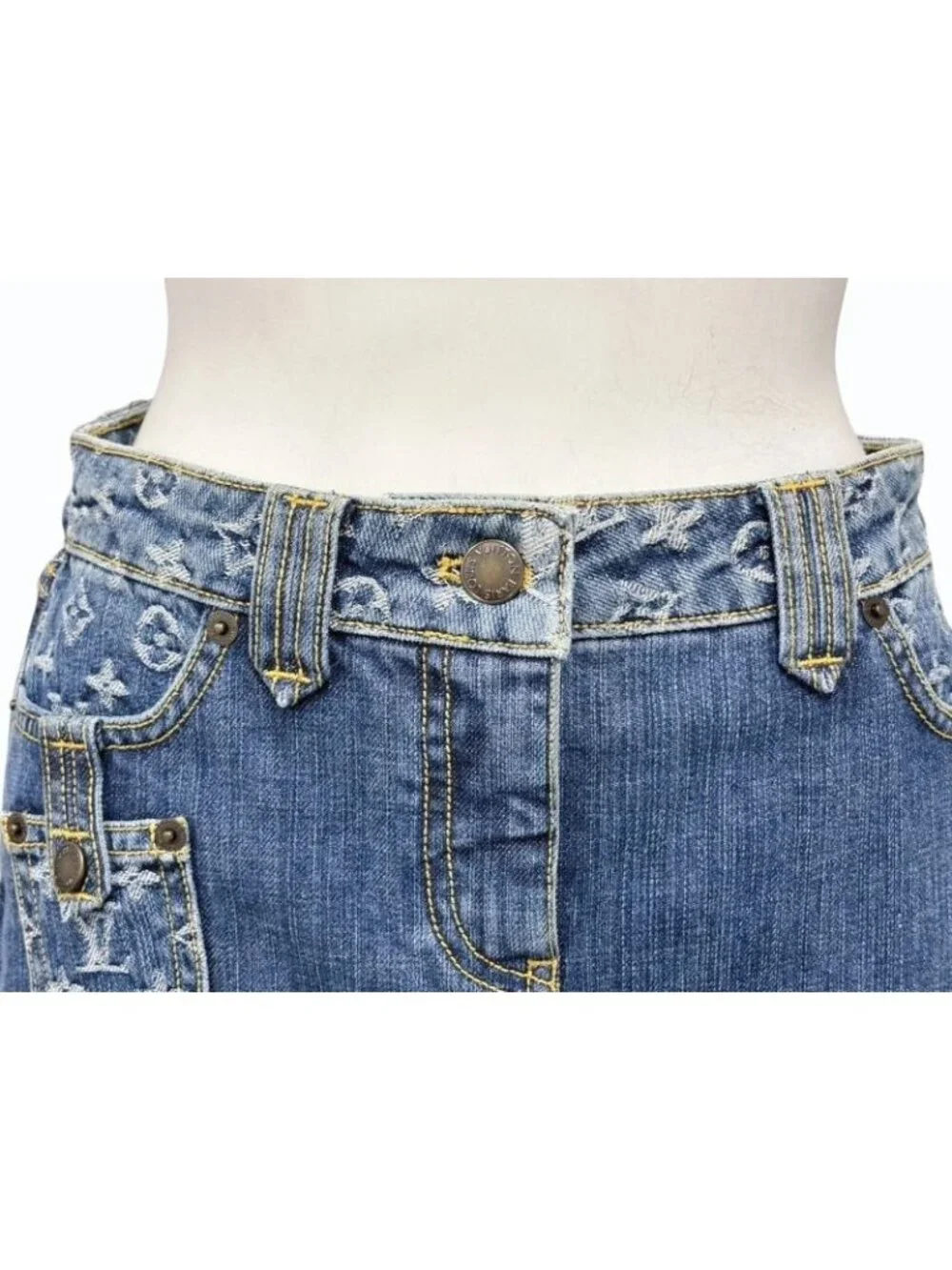 Louis Vuitton Denim Skirt Monogram Blue Gold